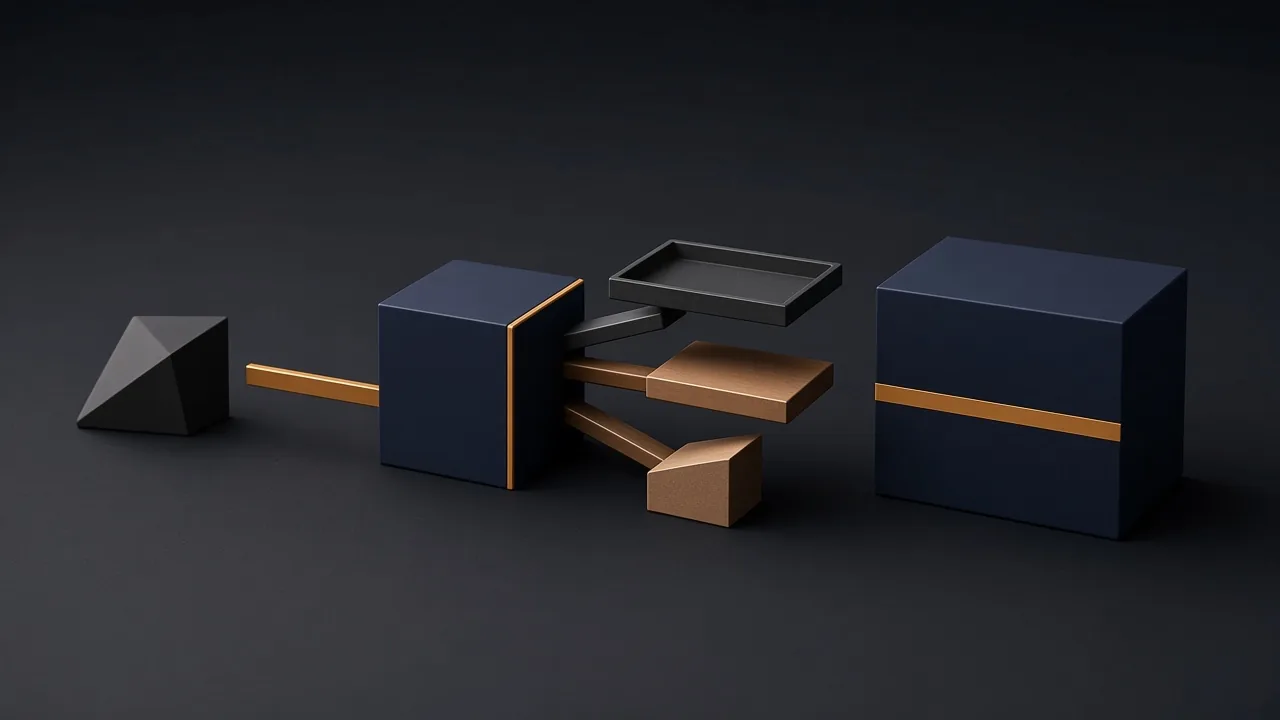 Charcoal pyramid and amber bar into a navy cube that branches toward a tray, a bronze slab, and a wedge beside a banded navy block