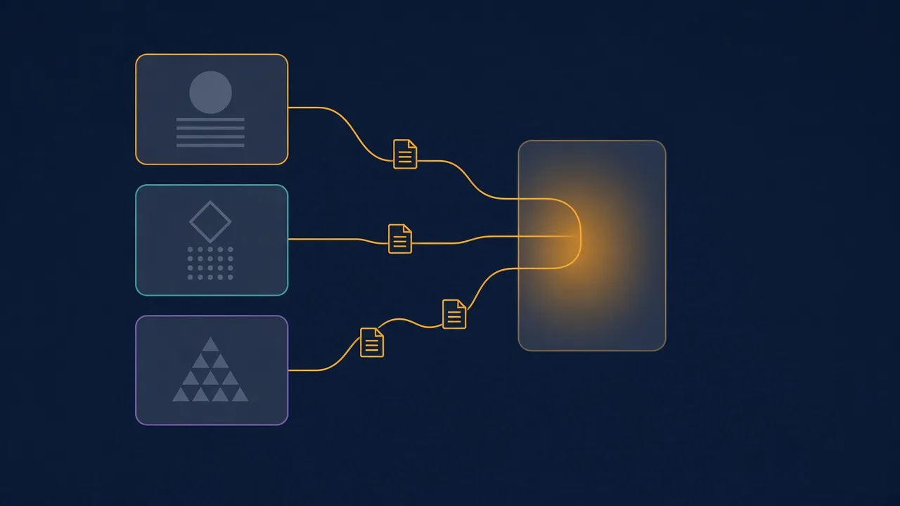 Amber lines from three source cards converge on a single knowledge vault against a navy background.