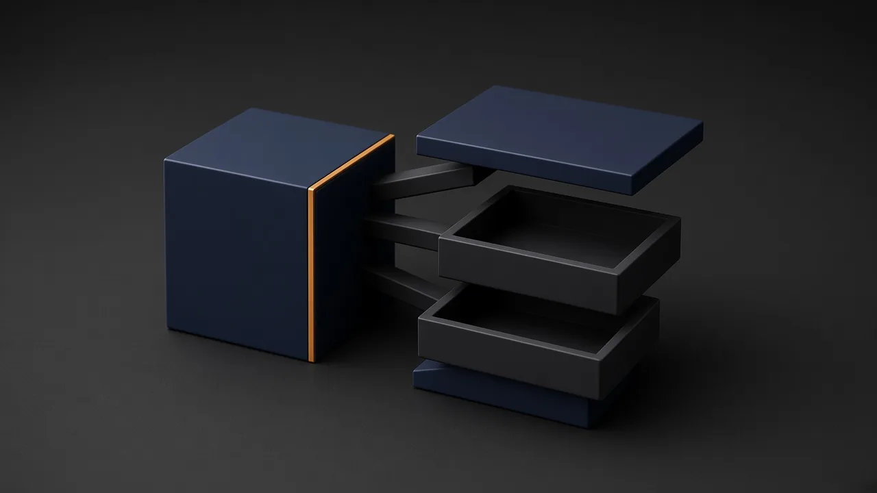 Navy cube with an amber edge joined by charcoal arms to three open drawers and a floating navy lid