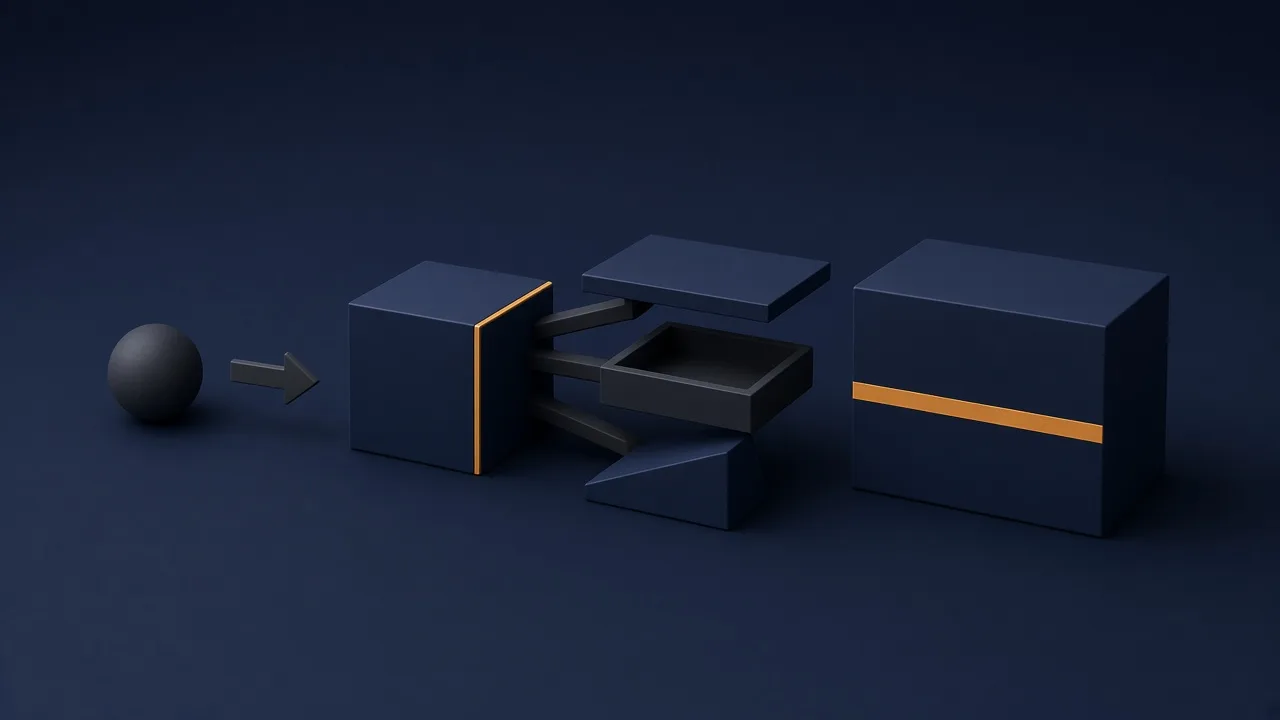 Charcoal sphere and arrow into a navy cube that branches toward a slab, an open tray, and a wedge beside a banded navy block