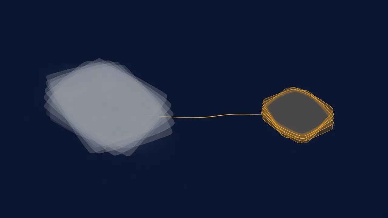 Navy field with a large pale stack of sheets on the left and a smaller amber-edged stack on the right, joined by a thin amber line